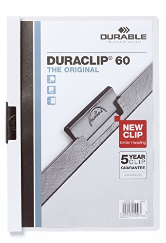 Durable 223802 Duraclip 60 Retail, Cartellina con Clip per Archiviare Documenti, Capacità 1 - 60 Fogli, Formato A4, Confezione da 5 Pezzi, Bianco