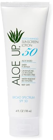 Aloe Up SPF 50 Sunscreen for Sensitive Skin - Broad Spectrum Face and Body Sunblock with Aloe Vera - Reef-Safe, Hydrating Coco-Mango Fragrance, 4 Oz