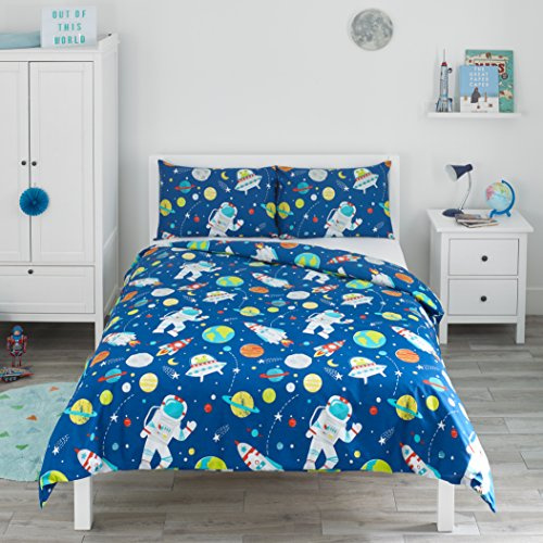 Bloomsbury Mill - Set Copripiumino Piazza e Mezza - Lo Spazio Esterno, Pianeti, Razzi - Lenzuola Letto Reversibile Per Ragazzi/Ragazee - Set Di Biancheria Da Letto Per Bambini - 200x200cm e 2 Federe