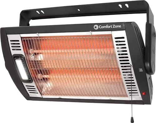 Comfort Zone 1500W Ceiling Mounted Dual Quartz Radiant Heater – Infrared Workshop Heater with 90° Adjustable Tilt, Built-in Halogen Light & Pull String Control – Overheat Protection, Black