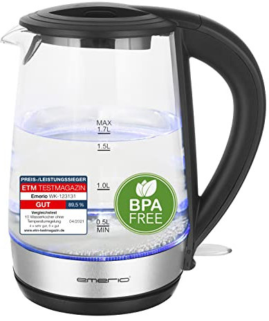 Emerio WK-123131, Glas Wasserkocher 1.7L, BPA frei, bestes Borosilikatglas, 2200 Watt, schöne blaue LED Beleuchtung, Auto Off, Überhitzungsschutz, mit hochwertigem Edelstahl