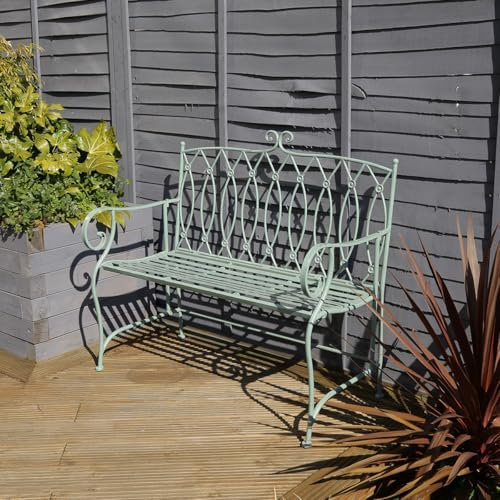 CHARLES BENTLEY Decorative, Wrought Iron, Outdoor, Rustic, Bench, For Patio, Garden, Balcony, Decking, Furniture, 2 Seater, with Elegant Curved Armrest, Rustproof, Stylish, Sage Green (95.5x104x55cm)