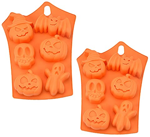 Molde de pastel de silicona de Halloween,6 hoyos Murciélago Calabaza Cara Calavera Fantasma Silicona Chocolate Azúcar Molde para hornear para dulces Postre Vela para la fiesta de Halloween