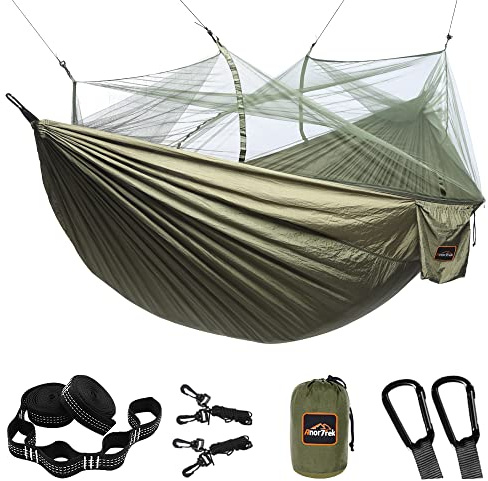 AnorTrek Camping Hammock with Mosquito Net, Double & Single Lightweight Portable Hammocks with Tree Straps, Parachute Hammock for Camping, Backpacking, Traveling & Hiking
