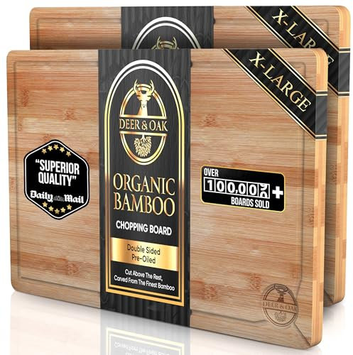Deer & Oak 2X X-Large Cutting Board 44 x 30 x 2cm, Pre-Oiled Wooden Bamboo Chopping Board for Carving Meat, Fish, Vegetables, Fruits, Cheese, Bread