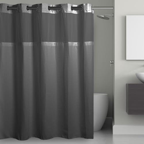 Hookless It’s A Snap! Waffle Shower Curtain, 3-in-1 Shower Curtain Includes Fabric Shower Curtain with Sheer Top Window, Flex-On Rings & Fabric Liner, 71” x 74”, Graphite Grey
