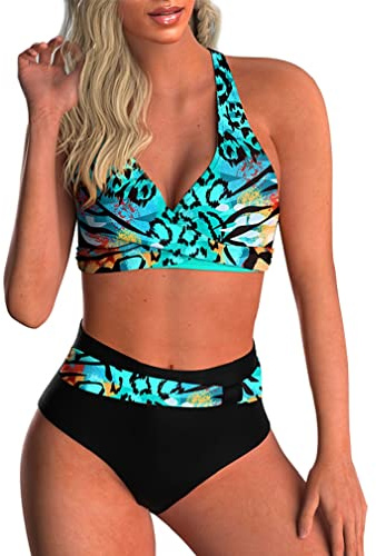 CheChury Donna Costume da Bagno Push Up Bikini Scollo a V Swimsuit Halter Imbottito Reggiseno Taglie Forti Bikini con Stampa Due Pezzi Alto Waisted Bikini Sets Triangolo Brasiliano Regolabili