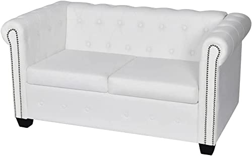 KOIECETA Chesterfield Sofá Oficina Muebles de Hogar Piel Sintética Vintage Sofá Tapizado Sofá Lounge (Blanco, 2 Plazas)