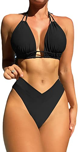 Meetall Cheeky Bikini Sets for Women High Cut Leg Rise Triangle String Halter Top Swimsuits High Waisted Cute Bathing Suit Two Piece Sexy Big Busted Curvy Black M
