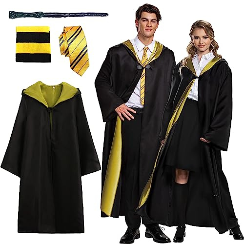 Kitimi Magic Robe, Cape, Ensemble de 4 pièces pour costume de sorcier cosplay pour adultes, avec cape, baguette magique, lunettes, écharpe, cravate, Costume de sorcier d'Halloween pour cosplay