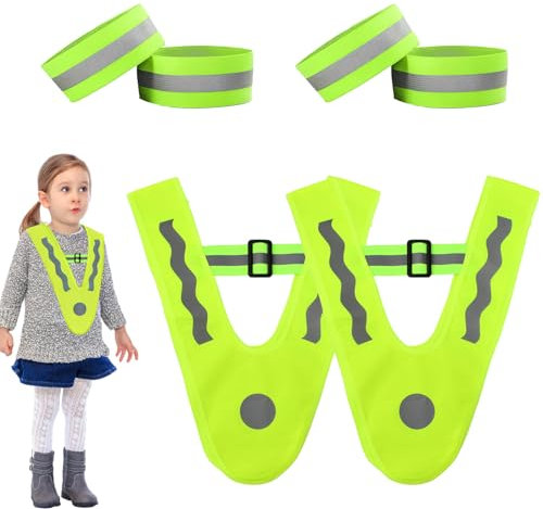 HoaaiGo 2 Stück Reflektierende Warnwesten V-Form mit 4 Reflektoren Armbänder, Reflektorwesten Sicherheitswesten Neongelb mit Reflektorstreifen, Atmungsaktive Warnschutzweste für Kinder 2-12 Jahren