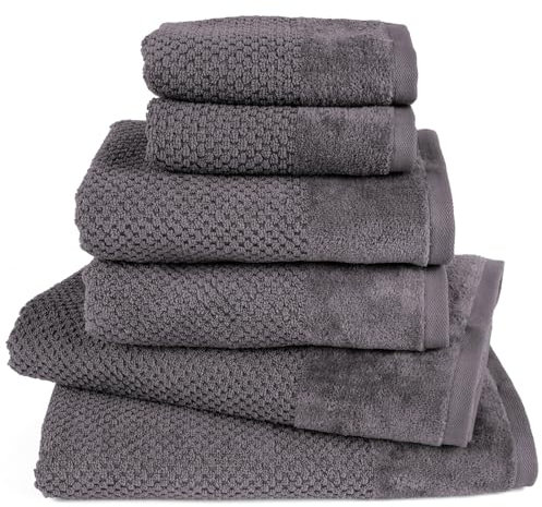 Pure Label 6-TLG. Handtücher Set mit Aufhängeschlaufen aus 100% Baumwolle, saugstark und weich - 2X Badetuch (70x140 cm) 2X Handtuch (50x100cm) 2X Gästetuch (30x50 cm), Anthrazit - Grau