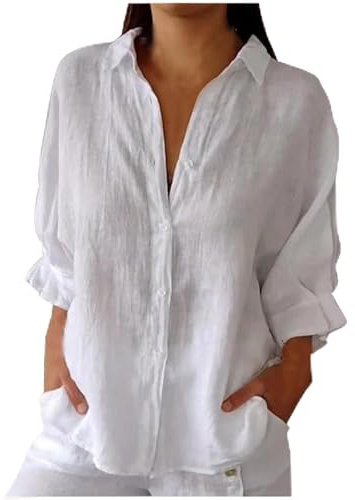 HAOLEI Moda Color Solido Camisa Lino Mujer,Casual Algodón y Lino Camiseta Mujer de Manga Larga de Cuello Solapa con Botones Multicolor Suelta Blusas Lino Mujer Verano Camisa Blanca Mujer