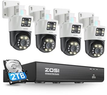 ZOSI 4K Kit Caméra Surveillance Extérieure PoE à Double Objectif avec AI Détection Humain/Véhicule, 8CH 2To NVR et Duo Caméra (Objectif Fixe 4MP + Objectif Rotatif 4MP), Suivi Automatique, C298 Pro