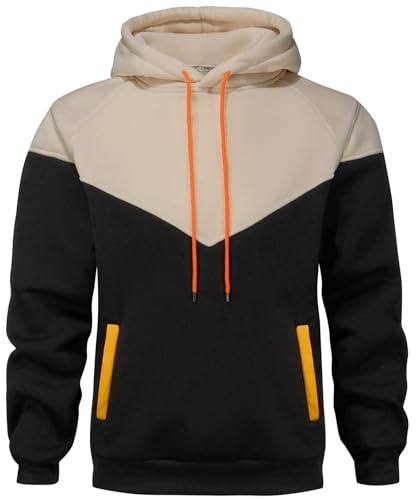 comefohome Mens Hoodies UK Pullover Color Block Sweatshirts Long Sleeve Fleece Hoody Drawstring Casual Designer Tops with Pockets Beige Black M