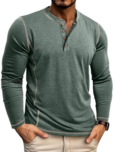 Estokap Men's Henley Shirts Long Sleeve Casual Button T-Shirt Lightweight Cotton Pullover Shirts Green
