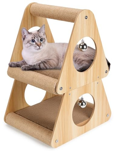 Ownpets Multifunctional Cat Scratcher Lounge-Double-Layer Cat Scratching Board, Cardboard Scratch Pad with Balls for Indoor Small Cats