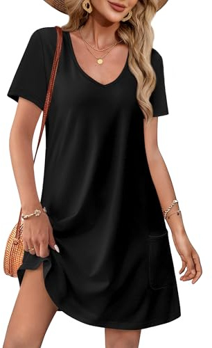 OFEEFAN Beach Vacation Clothes for Women Fashion Summer Dresses for Women 2026 Loose V Neck Short Sleeve T Shirts Casual Dress Sundresses Swing Coverup with Pockets a Black L