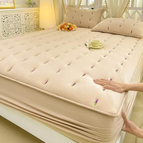 KnSam Khaki Betttuch mit 2er Kissenbezüge 150x200cm Set 3teilig Jersey, Blumen Muster Spannbettlaken Gestickt Schlafkomfort, Baumwolle Laken für Bett Unterbett als Schutz für Matratze