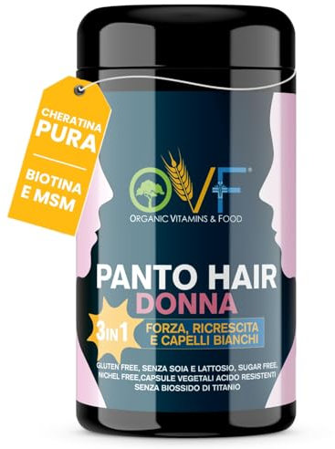 OVF Integratore Capelli Donna Panto Hair 3 in 1 (Rinforza, Crescita e Contrasto dei Capelli Bianchi) con Cheratina, Biotina, Zinco, Ferro, Kudzu e Vitamine. Integratori 60 Cps