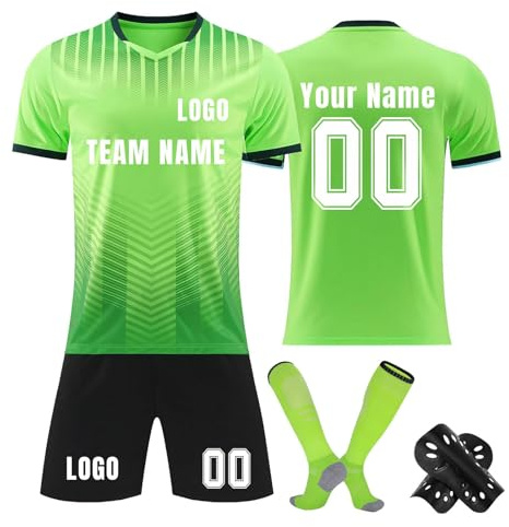 Personalised Football Kit for Kids Adults, Football Shirts Shorts Socks and Kneepad 4PCS Set Custom Name Number Team Name and Logo Football Uniforms Training Suits(02 Green,Custom Size)