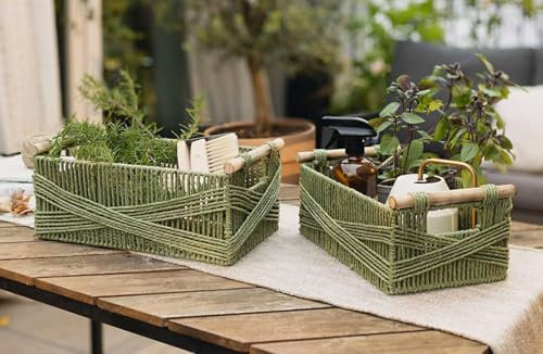 Dekoleidenschaft 2x Aufbewahrungskorb Moosgrün aus Papierschnur geflochten, grün, Ordnungskorb, Badkorb