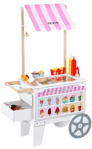 VEVOR Chariot à Glaces pour Enfants, 20+ Accessoires, Jeu d'Imitation de Stand Glacier, avec Cornet de Glace, Glace à l'Eau, Auvent, Congélateur, Tiroir de Rangement, Menu, pour Tout-petits de 3-7 Ans
