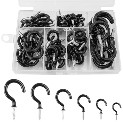 DAVIDJAMESCLARKE Lot de 80 crochets à visser noirs - 6 tailles - Crochets de plafond à visser - Revêtement en vinyle