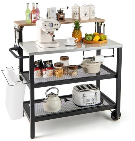 FANTASK Carro con Ruedas con 3 Niveles de Espacio de Almacenamiento, Mesa Auxiliar para Barbacoa, Soporte para Horno de Pizza con Mesa Plegable