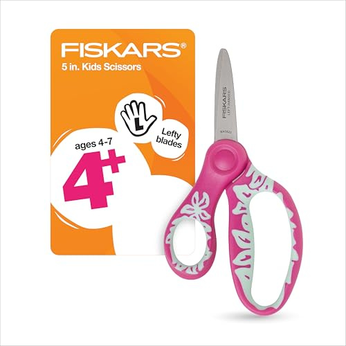 Fiskars 5 SoftGrip Left-Handed Kids Scissors, Pointed Tip, Pink/Light Blue Floral, Safety Edge for Precision Cutting
