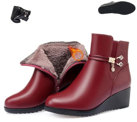 POIOZXD Stivali ortopedici da donna in vera pelle, foderati in pelliccia lucida con strass impermeabili, in pelle, invernali, caldi, con zeppa e cerniera laterale, Rosso A, 43 EU