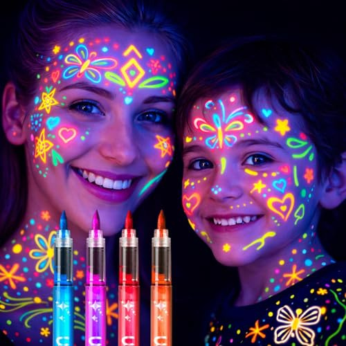 UV Neon Face Paint Pen Set – 4 Colors Blue, Red, Purple & Orange Glow in the Dark Eyeliner Kit – Waterproof Liquid Pens for Temporary Tattoos, Festival & Party Makeup for All Ages