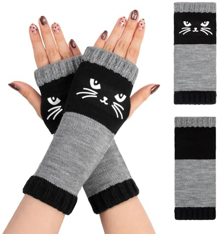 Youkly Gants sans doigts, gants tricotés chauds et doux à motif chat avec doigts ouverts pour femmes et filles, accessoire d'hiver pour les amoureux des chats (noir)