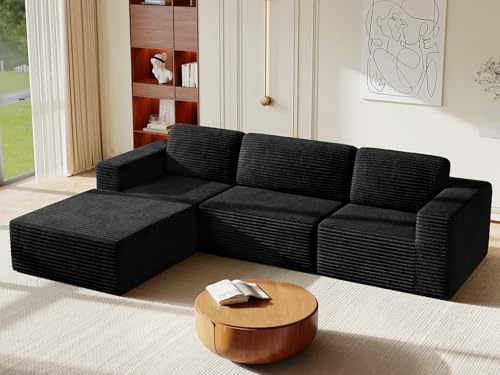 Vesgantti 303cm Oversized Modular Sectional Sofa for Living Room, Corduroy Cloud Couch with Spring Support, Extra Deep Seats, L-Shape Boneless Couch with Movable Ottoman, No Assembly Required, Black