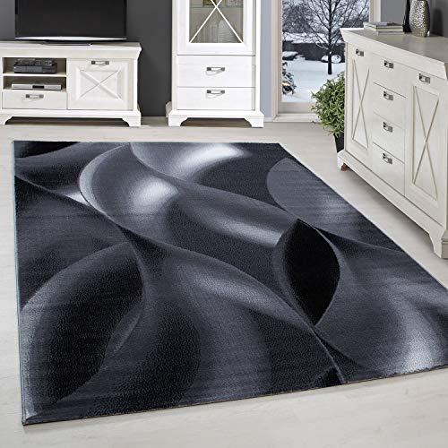SIMPEX Kurzflor Teppich, Wellen Design, Schwarz, 80 x 150 cm, moderner Stil, Pflegeleicht, Teppich Wohnzimmer, Schlafzimmer