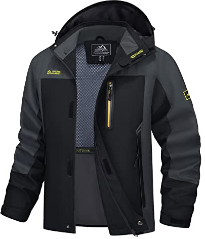MAGCOMSEN Mens Rain Jacket Lightweight Waterproof Shell Jacket Hiking Travel Outdoor Spring Raincoat 5 Pockets Black Grey, 2XL