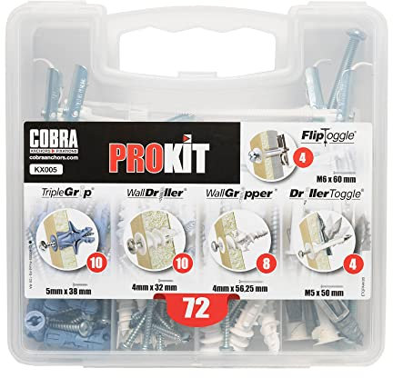 Cobra Wandbefestigungen PROKIT – 5 Arten von Befestigungen – für Gipskarton-, Mauerwerk- und Multimeterwände – TripleGrip, WallDriller, Toggle und FlipToggle – enthält 72 Befestigungen