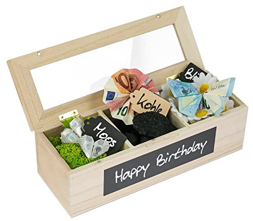 SURPRISA Schotter Schatulle 3er - kreative Verpackung für Geldgeschenke und persönliche Geschenkbox zum Geburtstag oder zur Hochzeit - Paulownienholz