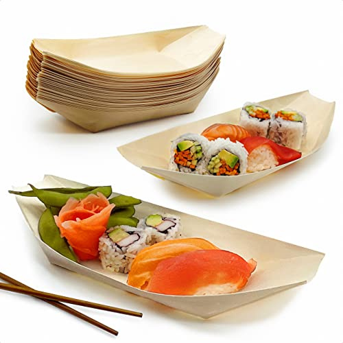 25 Pk Extra Large 10 Biodegradable Sushi Boats. 100% Disposable Appetizer Plates. Compostable Natural Wood Food Trays. Sturdy Poplar Serving Dish. Eco-Friendly Bamboo Sushi and Sashimi Party Kit.