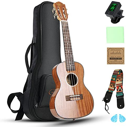 Hricane Ukelele de concierto de 23 pulgadas, UKS-2, 4 cuerdas para principiantes, ukelele hawaiano Sapele con funda para ukelele y juego de cuerdas para ukelele (Sapele brillante)