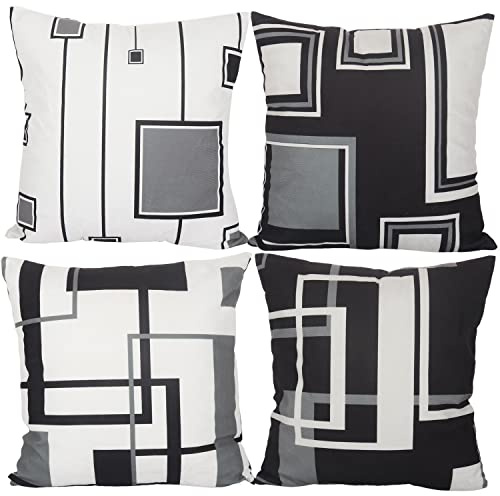 Aoihrraan 40x40cm Juego de 4 Fundas de Cojin Negro Blanco Moderno Geométrico Patrón Cuadrado Decorativo Corto De Felpa Suave Funda De Almohada Dormitorio Exterior Jardín Canapé Patio Sofá