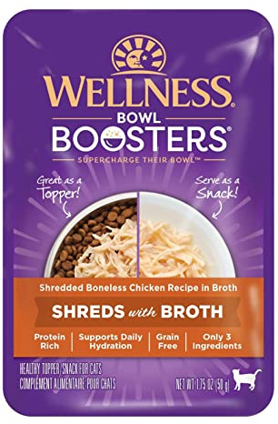 Wellness Bowl Boosters Shreds with Broth Wet Cat Food Topper, Grain Free, Natural, Chicken Recipe, 1.75 oz, Pack of 12 Pouches