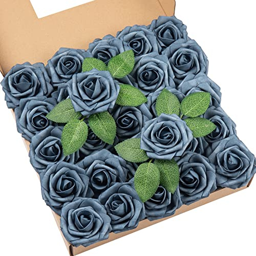 DuHouse 25 Rosas Artificiales con Tallos, Flores de Espuma de Tacto Real para Bricolaje, Ramo de Boda, Baby Shower, Centro de Mesa, arreglos Florales, Fiestas, decoración del hogar (Azul Polvoriento)