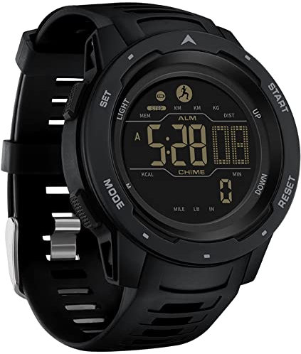 findtime Schrittzähler Armbanduhr Schwarz mit Kalorien 5ATM Wasserdicht Timer Stoppuhr, Fitness Herrenuhr Digital Militär Tactical Uhr Duale Zeitzone Sport Outdoor für Männer Jungen