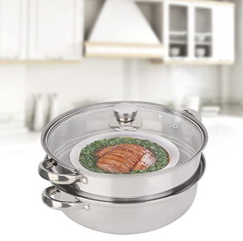 Yuehuamech 2- Tier Stainless Steel Steamer 11Inch Cookware Steamer Pot Cooker Boiler Soup Steaming Pot Double Boiler Soup Steaming Cookware for Induction Cooktop Electric Grill Stove Top