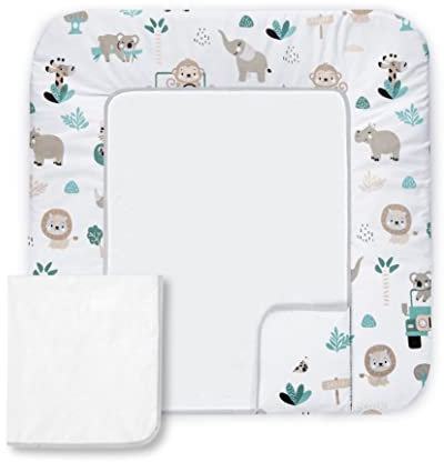 Balbina Wickeltischauflage Baumwolle, Waschbare Unterlage zum Wickeln, Wickelauflage mit Austauschbarem Frotteebezug, Widerstandsfähig & Robust, 70 x 60 cm, Autos im Zoo