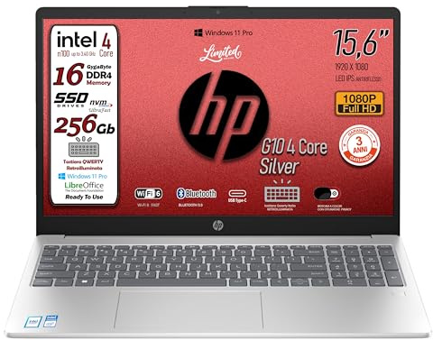 HP 250 G Computer portatile Silver, RAM 16GB, SSD 256Gb, Display FHD 15.6, cpu Intel N100 4Core fino a 3,4 GHz, tastiera retroilluminata, Win 11Pro, 3 anni di garanzia, pronto All'uso, Italia