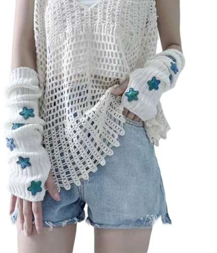 Eominve Y2K Women Teens Knitted Arm Warmers Japanese Harajuke Cosplay Star Lolita Cute Fingerless Mittens Thumb Hole Gloves (White)