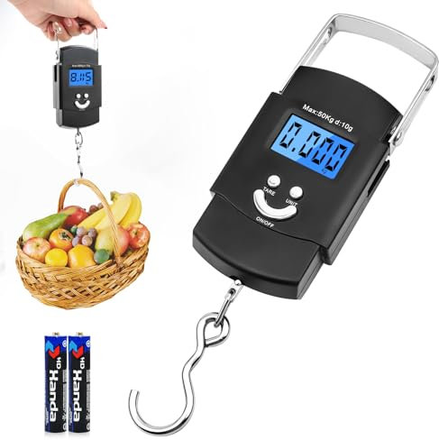 VFANDV Digitale Kofferwaage, 110 lb/50 kg Gepäckwaage mit Haken Elektronische Digital Fischwaagen Handwaage mit LCD Display Tragbare Hängewaage Elektronische für Reisen Freien