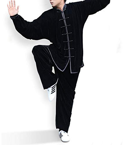 RWRAPS Damen-Kampfsportanzug aus goldenem Samt, langärmliger Kung-Fu-Tai-Chi-Anzug für Herren, geeignet für das morgendliche Üben von Wing Chun und Taekwondo (Schwarz XXL)